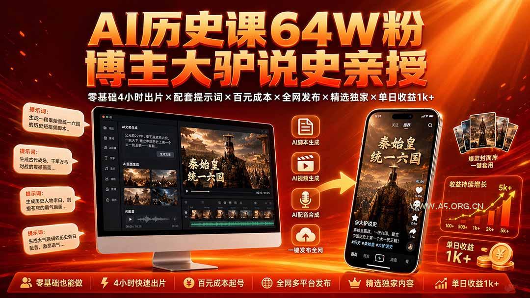 AI历史课64W粉博主大驴说史亲授：零基础4小时出片&times;配套提示词&times;百元成本&times;全网发布&times;精选独家&times;单日收益1k+ - 小红泡