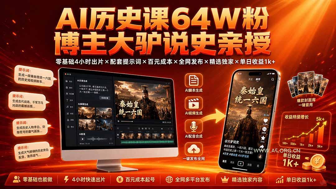 AI历史课64W粉博主大驴说史亲授:零基础4小时出片×配套提示词×百元成本×全网发布×精选独家×单日收益1k+ - 小红泡 AI历史课64W粉博主大驴说史亲授:零基础4小时出片×配套提示词×百元成本×全网发布×精选独家×单日收益1k+ - 小红泡