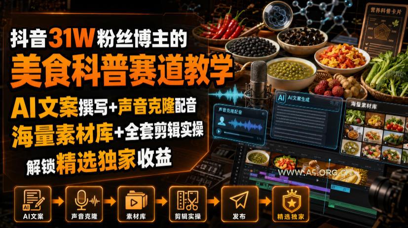 抖音31W粉丝博主的美食科普赛道教学,AI文案撰写+声音克隆配音+剪辑实操,解锁精选独家收益 - 小红泡 抖音31W粉丝博主的美食科普赛道教学,AI文案撰写+声音克隆配音+剪辑实操,解锁精选独家收益