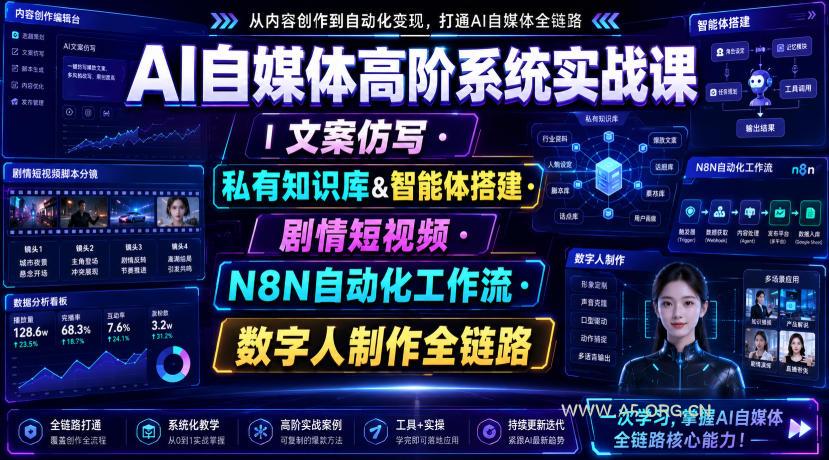 AI自媒体高阶系统实战课|文案仿写・私有知识库&智能体搭建・剧情短视频・N8N自动化工作流・数字人制作全链路 - 小红泡 AI自媒体高阶系统实战课|文案仿写・私有知识库&智能体搭建・剧情短视频・N8N自动化工作流・数字人制作全链路