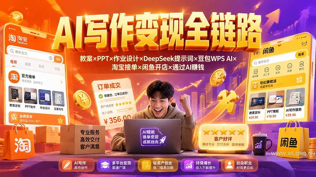 2026AI写作变现全链路：教案&times;PPT&times;作业设计&times;DeepSeek提示词&times;豆包WPS AI&times;淘宝接单&times;闲鱼开店&times;通过AI賺钱 - 小红泡
