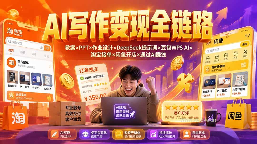 2026AI写作变现全链路:教案×PPT×作业设计×DeepSeek提示词×豆包WPS AI×淘宝接单×闲鱼开店×通过AI賺钱 - 小红泡 2026AI写作变现全链路:教案×PPT×作业设计×DeepSeek提示词×豆包WPS AI×淘宝接单×闲鱼开店×通过AI賺钱 - 小红泡