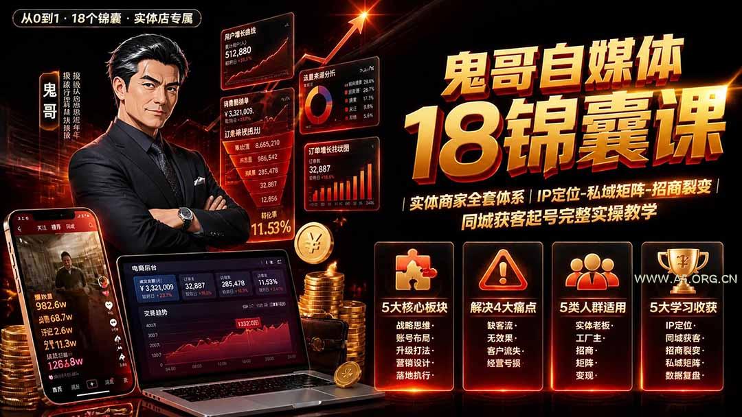 鬼哥自媒体18锦囊课｜实体商家全套体系｜IP 定位-私域矩阵-招商裂变｜同城获客起号完整实操教学 - 小红泡