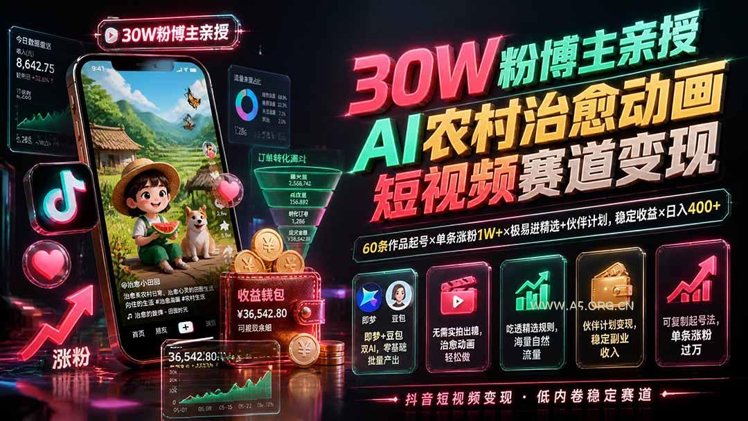 30W粉博主亲授AI农村治愈动画短视频赛道变现：60条作品起号&times;单条涨粉1W+&times;极易进精选+伙伴计划，稳定收益&times;日入400+ - 小红泡