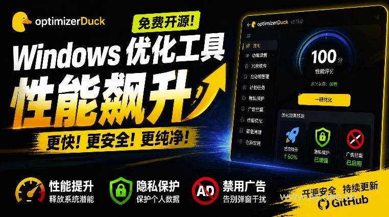 让Windows更纯净、透明、强大的优化工具!免费开源,主打性能提升、功能设置与磁盘清理OptimizerDuck - 小红泡 让Windows更纯净、透明、强大的优化工具!免费开源,主打性能提升、功能设置与磁盘清理OptimizerDuck