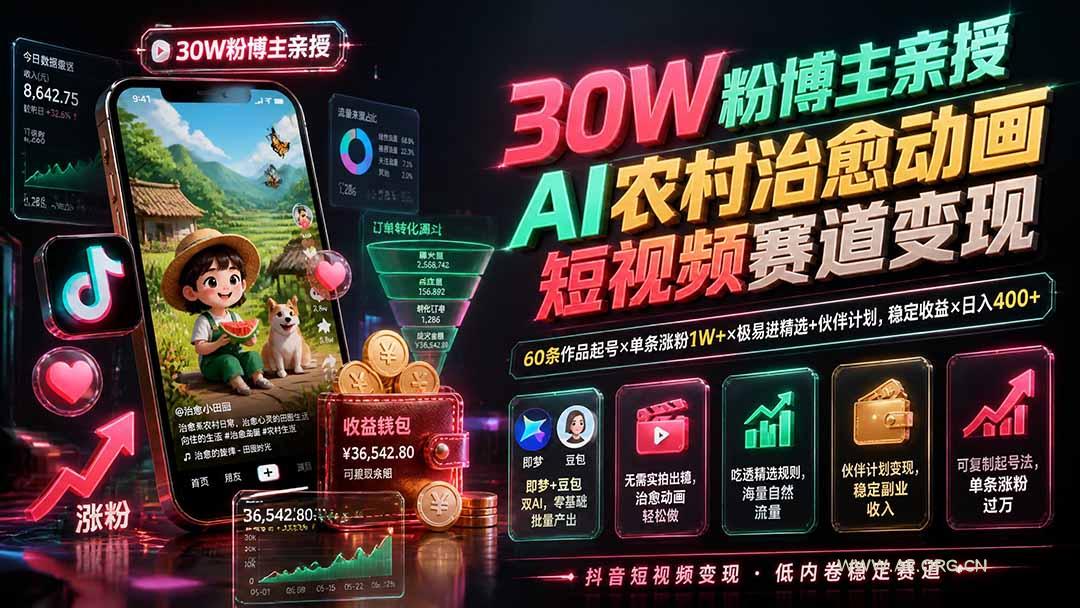 30W粉博主亲授AI农村治愈动画短视频赛道变现：60条作品起号&times;单条涨粉1W+&times;极易进精选+伙伴计划，稳定收益&times;日入400+ - 小红泡