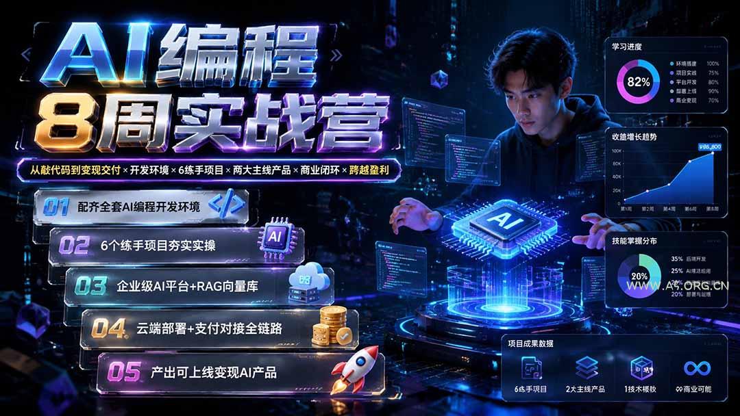 AI编程8周实战营：从敲代码到变现交付&times;开发环境&times;6练手项目&times;两大主线产品&times;商业闭环&times;跨越盈利 - 小红泡