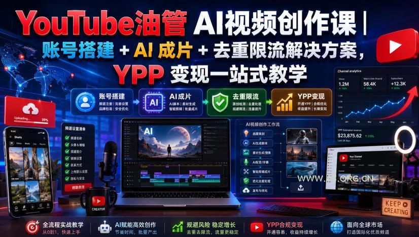 YouTube油管AI视频创作课|账号搭建+AI成片+去重限流解决方案,YPP变现一站式教学 - 小红泡 YouTube油管AI视频创作课|账号搭建+AI成片+去重限流解决方案,YPP变现一站式教学