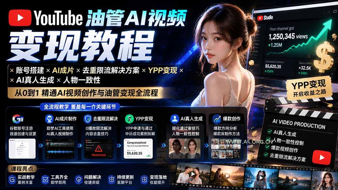 YouTube油管AI视频变现教程：账号搭建&times;AI成片&times;去重限流解决方案&times;YPP变现&times;AI真人生成&times;人物一致性 - 小红泡