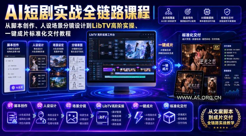 AI短剧实战全链路课程|从脚本创作、人设场景分镜设计到LibTV高阶实操、一键成片标准化交付教程 - 小红泡 AI短剧实战全链路课程|从脚本创作、人设场景分镜设计到LibTV高阶实操、一键成片标准化交付教程