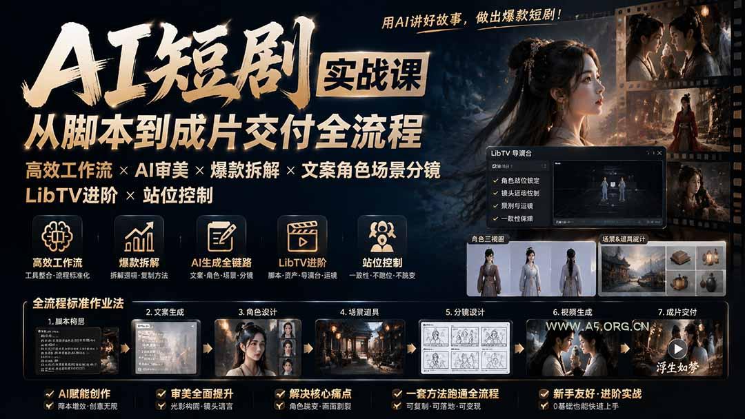 AI短剧实战课：高效工作流&times;AI审美&times;爆款拆解&times;文案角色场景分镜&times;LibTV进阶&times;站位控制&times;从脚本到成片交付全流程 - 小红泡