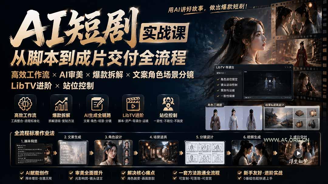 AI短剧实战课:高效工作流×AI审美×爆款拆解×文案角色场景分镜×LibTV进阶×站位控制×从脚本到成片交付全流程 - 小红泡 AI短剧实战课:高效工作流×AI审美×爆款拆解×文案角色场景分镜×LibTV进阶×站位控制×从脚本到成片交付全流程 - 小红泡