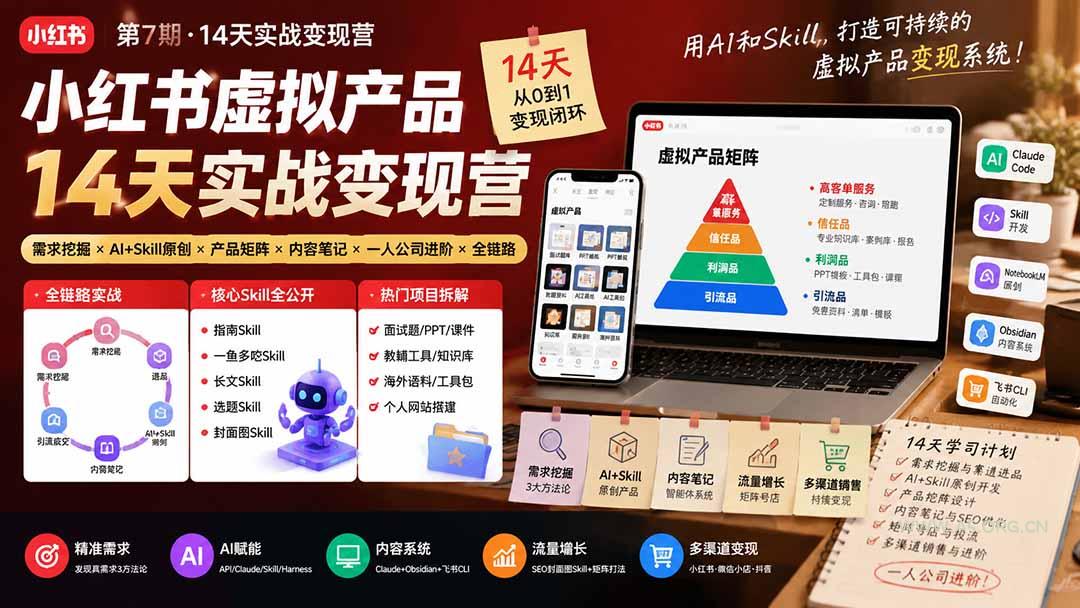 小红书虚拟产品14天实战变现营-第7期：需求挖掘&times;AI+Skill原创&times;产品矩阵&times;内容笔记&times;一人公司进阶&times;全链路 - 小红泡