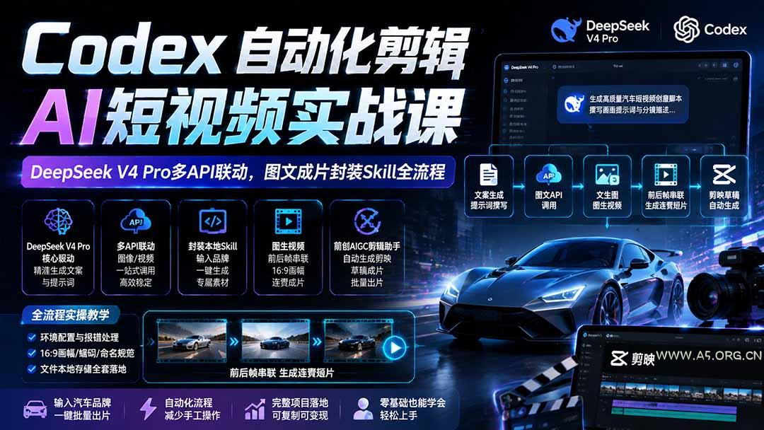 Codex自动化剪辑AI短视频实战课|DeepSeek V4 Pro多API联动,图文成片封装Skill全流程 - 小红泡 Codex自动化剪辑AI短视频实战课|DeepSeek V4 Pro多API联动,图文成片封装Skill全流程 - 小红泡