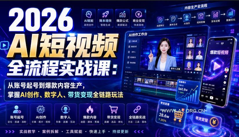 2026 AI短视频全流程实战课:从账号起号到爆款内容生产,掌握AI创作、数字人、带货变现全链路玩法 - 小红泡 2026 AI短视频全流程实战课:从账号起号到爆款内容生产,掌握AI创作、数字人、带货变现全链路玩法