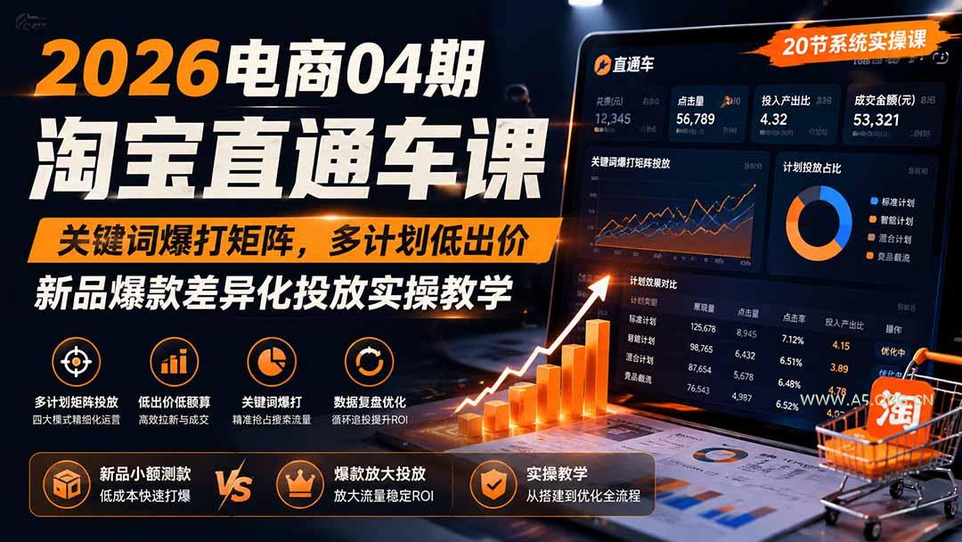 2026电商04期淘宝直通车课｜关键词爆打矩阵，多计划低出价，新品爆款差异化投放实操教学 - 小红泡