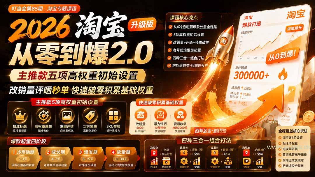 2026淘宝从零到爆2.0第85期；主推款五项高权重初始设置，改销量评晒秒单快速破零积累基础权重 - 小红泡