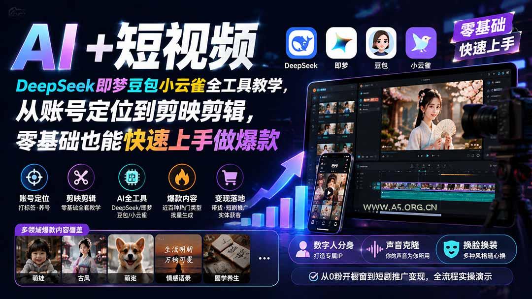 AI+短视频｜DeepSeek即梦豆包小云雀全工具教学，从账号定位到剪映剪辑，零基础也能快速上手做爆款 - 小红泡