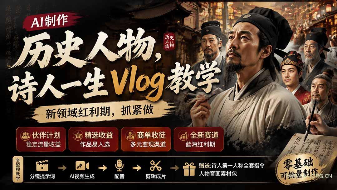 历史人物，诗人一生Vlog教学， AI制作丨伙伴计划丨精选收益丨商单收徒 ，新领域红利期，抓紧做 - 小红泡