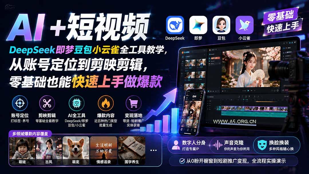 AI+短视频｜DeepSeek即梦豆包小云雀全工具教学，从账号定位到剪映剪辑，零基础也能快速上手做爆款 - 小红泡