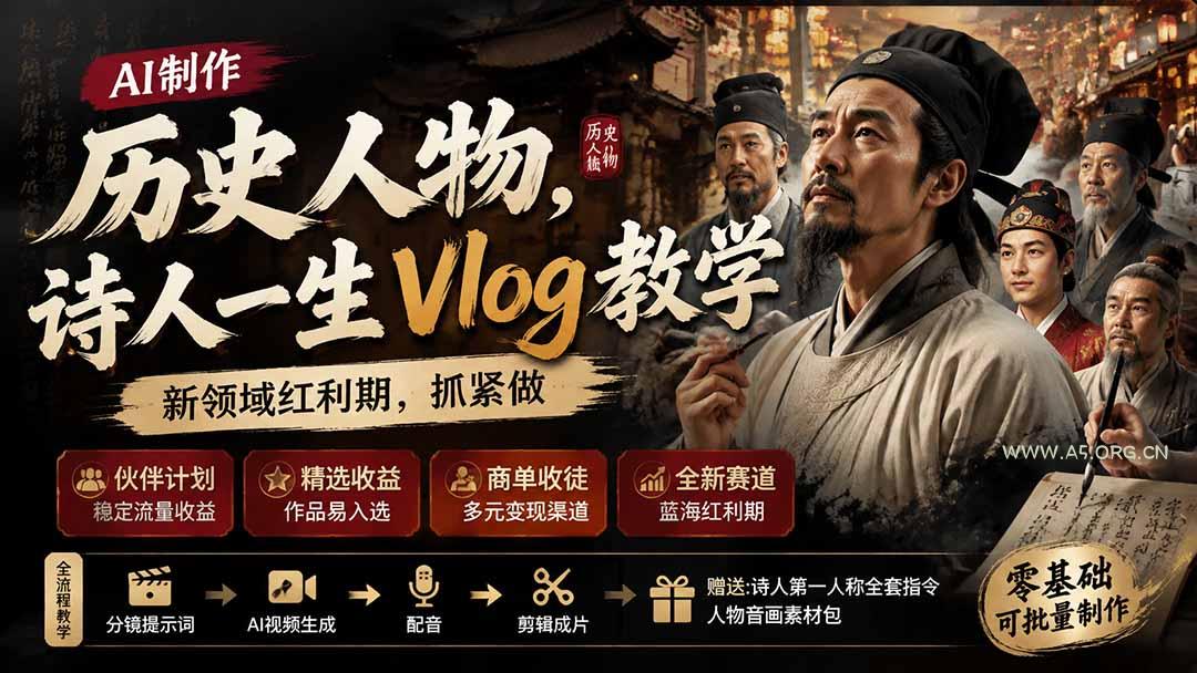 历史人物，诗人一生Vlog教学， AI制作丨伙伴计划丨精选收益丨商单收徒 ，新领域红利期，抓紧做 - 小红泡