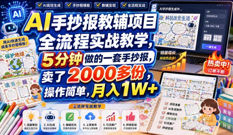 AI手抄报教辅项目全流程实战教学,5分钟做的一套手抄报,卖了2000多份,操作简单,月入1W+ - 小红泡 AI手抄报教辅项目全流程实战教学,5分钟做的一套手抄报,卖了2000多份,操作简单,月入1W+