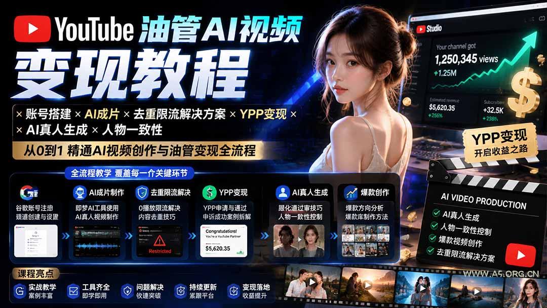 YouTube油管AI视频变现教程-更新:账号搭建×AI成片×去重限流解决方案×YPP变现×AI真人生成×人物一致性 - 小红泡 YouTube油管AI视频变现教程-更新:账号搭建×AI成片×去重限流解决方案×YPP变现×AI真人生成×人物一致性 - 小红泡