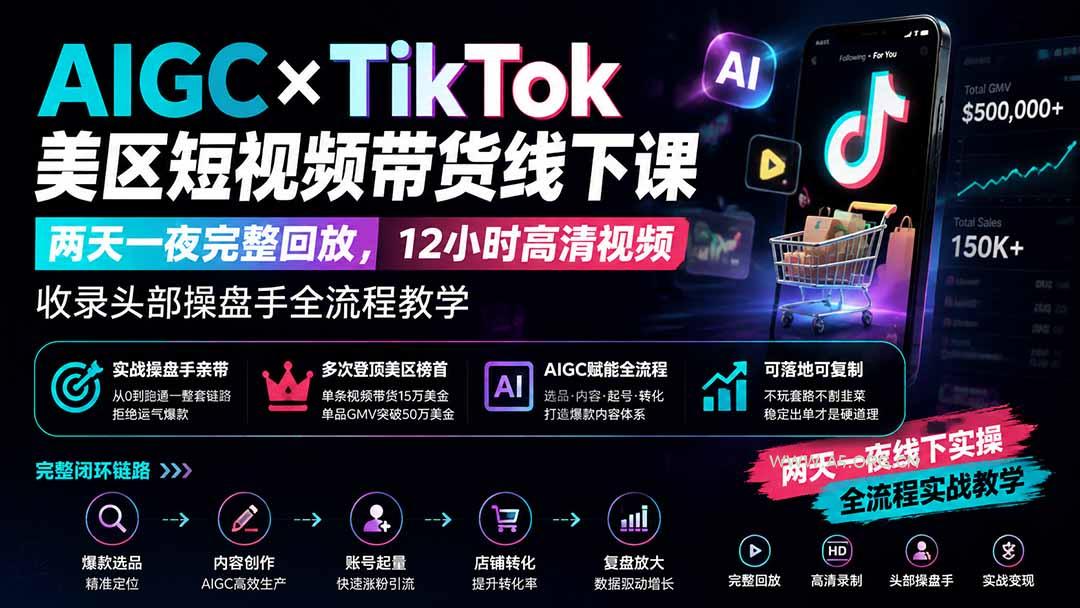 AIGC&times;TikTok美区短视频带货线下课；两天一夜完整回放，12小时高清视频收录头部操盘手全流程教学 - 小红泡