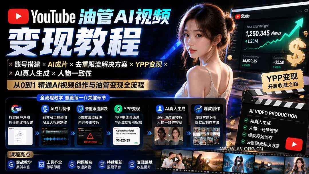 YouTube油管AI视频变现教程-更新：账号搭建&times;AI成片&times;去重限流解决方案&times;YPP变现&times;AI真人生成&times;人物一致性 - 小红泡