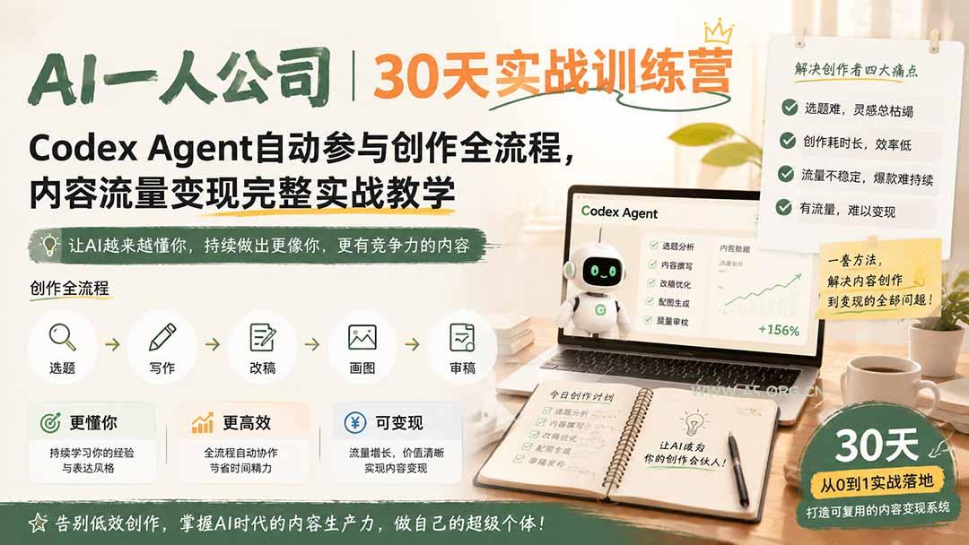 AI一人公司|30天实战训练营;Codex Agent自动参与创作全流程,内容流量变现完整实战教学 - 小红泡 AI一人公司|30天实战训练营;Codex Agent自动参与创作全流程,内容流量变现完整实战教学 - 小红泡