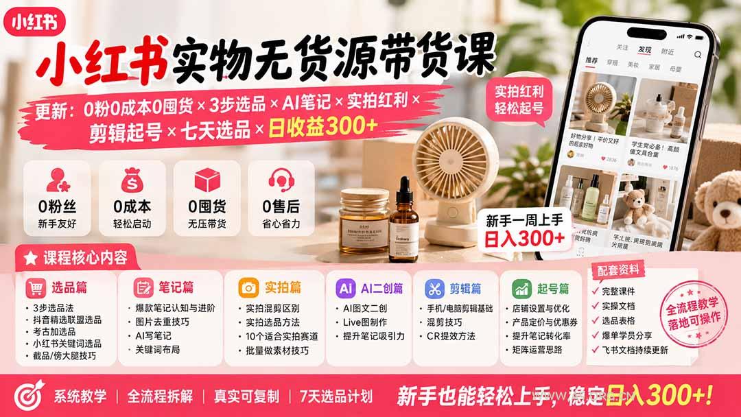 小红书实物无货源带货课-更新：0粉0成本0囤货&times;3步选品&times;AI笔记&times;实拍红利&times;剪辑起号&times;七天选品&times;日收益300+ - 小红泡