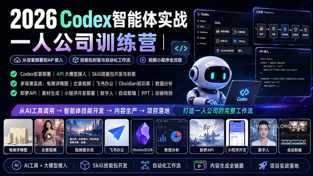 2026Codex智能体实战｜一人公司训练营｜从安装部署到API接入｜技能包封装与自动化工作流｜视频小程序全流程 - 小红泡