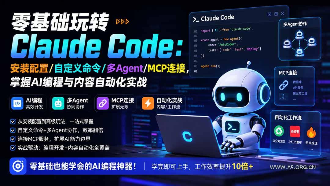 零基础玩转Claude Code：安装配置/自定义命令/多Agent/MCP连接，掌握AI编程与内容自动化实战 - 小红泡