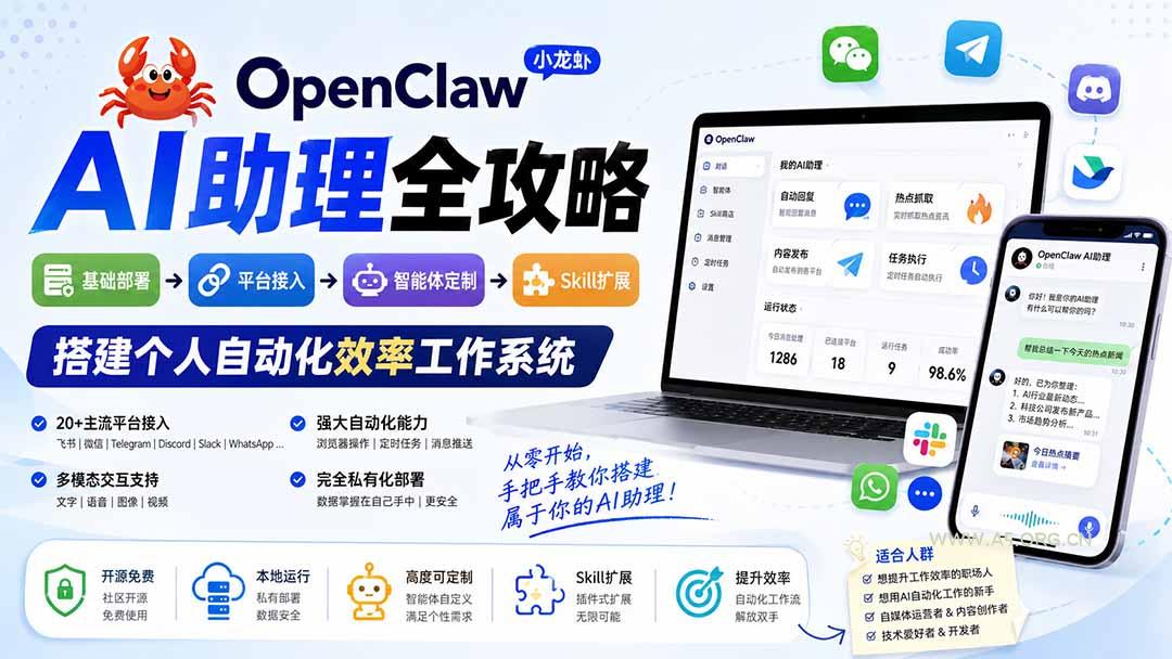 OpenClaw小龙虾 AI助理全攻略:基础部署→平台接入→智能体定制→Skill扩展,搭建个人自动化效率工作系统 - 小红泡 OpenClaw小龙虾 AI助理全攻略:基础部署→平台接入→智能体定制→Skill扩展,搭建个人自动化效率工作系统 - 小红泡