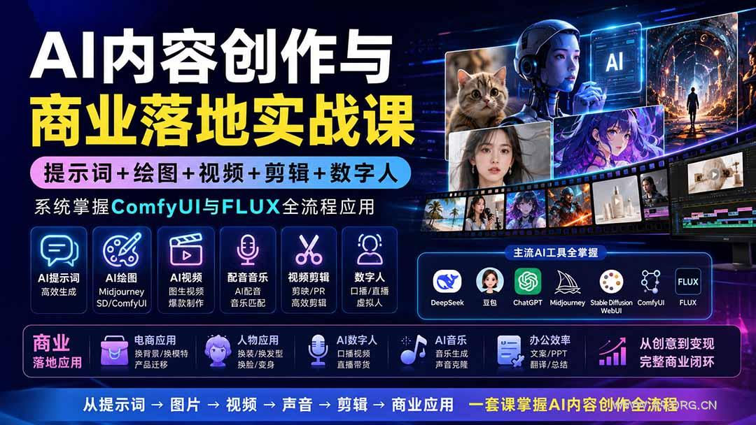 AI内容创作与商业落地实战课:提示词+绘图+视频+剪辑+数字人,系统掌握ComfyUI与FLUX全流程应用 - 小红泡 AI内容创作与商业落地实战课:提示词+绘图+视频+剪辑+数字人,系统掌握ComfyUI与FLUX全流程应用 - 小红泡