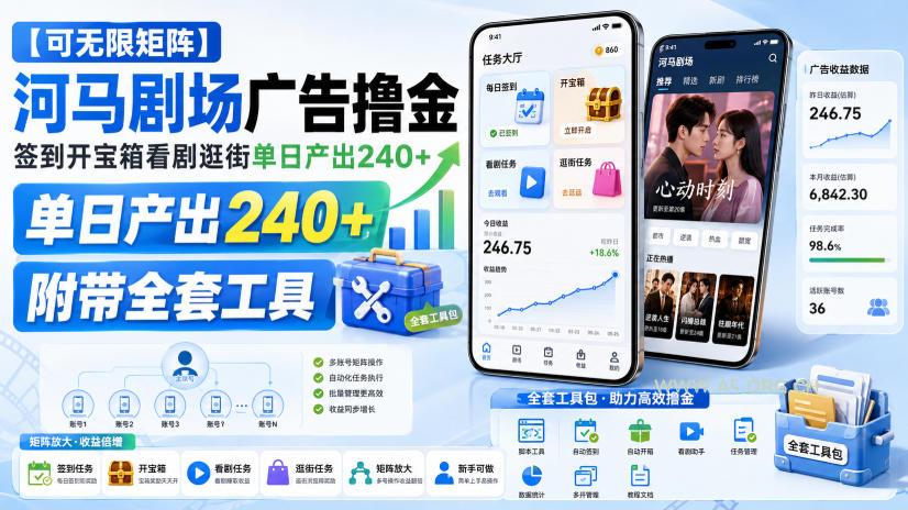 【可无限矩阵】河马剧场广告撸金,签到开宝箱看剧逛街单日产出240+,附带全套工具【揭秘】 - 小红泡 【可无限矩阵】河马剧场广告撸金,签到开宝箱看剧逛街单日产出240+,附带全套工具【揭秘】