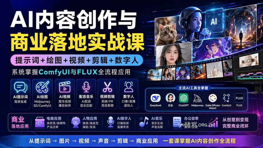 AI内容创作与商业落地实战课：提示词+绘图+视频+剪辑+数字人，系统掌握ComfyUI与FLUX全流程应用 - 小红泡