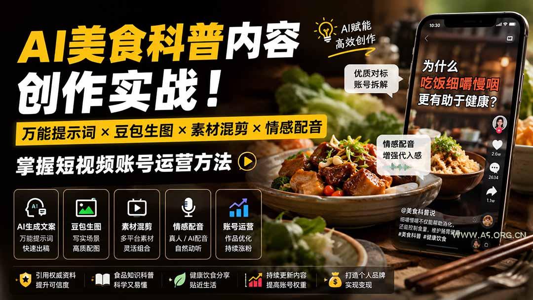 外面卖199元-AI美食科普内容创作实战!万能提示词×豆包生图×素材混剪×情感配音,掌握短视频账号运营方法 - 小红泡 外面卖199元-AI美食科普内容创作实战!万能提示词×豆包生图×素材混剪×情感配音,掌握短视频账号运营方法 - 小红泡