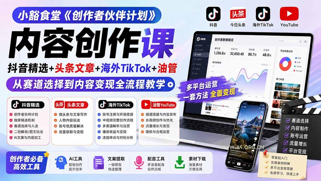 小豁食堂《创作者伙伴计划》内容创作课：抖音精选+头条文章+海外TikTok+油管，从赛道选择到内容变现全流程教学 - 小红泡