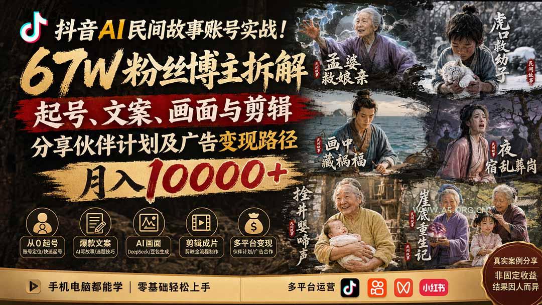 抖音AI民间故事账号实战！67W粉丝博主拆解起号、文案、画面与剪辑，分享伙伴计划及广告变现路径，月入10000+ - 小红泡