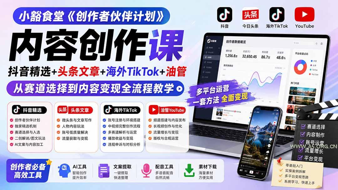 小豁食堂《创作者伙伴计划》内容创作课:抖音精选+头条文章+海外TikTok+油管,从赛道选择到内容变现全流程教学 - 小红泡 小豁食堂《创作者伙伴计划》内容创作课:抖音精选+头条文章+海外TikTok+油管,从赛道选择到内容变现全流程教学 - 小红泡