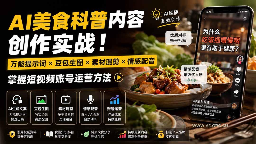 外面卖199元-AI美食科普内容创作实战！万能提示词&times;豆包生图&times;素材混剪&times;情感配音，掌握短视频账号运营方法 - 小红泡