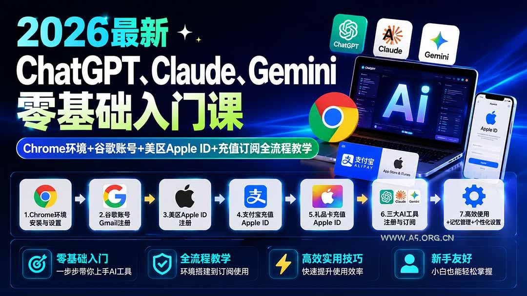 2026最新ChatGPT、Claude、Gemini零基础入门课：Chrome环境+谷歌账号+美区Apple ID+充值订阅全流程教学 - 小红泡