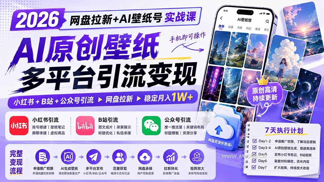 2026网盘拉新+AI壁纸号实战课：AI原创壁纸+小红书+B站+公众号引流，手机即可操作，月入1W+ - 小红泡