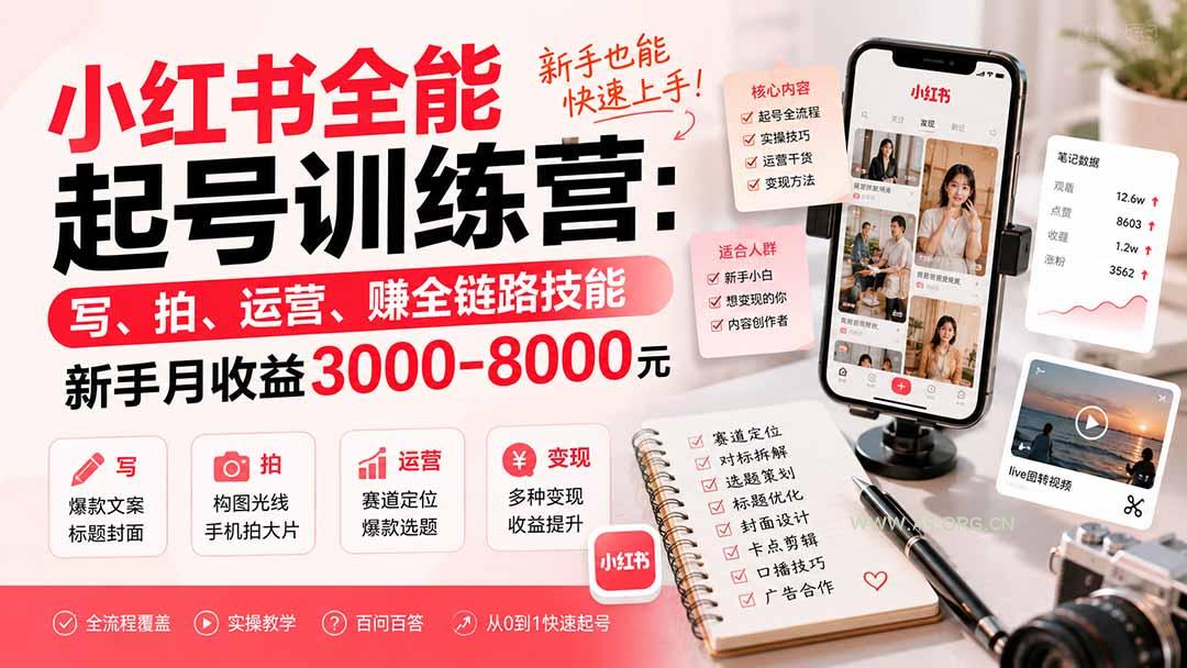 小红书全能起号训练营-更新：写、拍、运营、赚全链路技能，新手月收益3000-8000元 - 小红泡