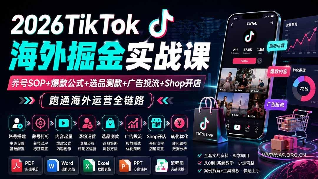 2026TikTok海外掘金实战课——养号SOP+爆款公式+选品测款+广告投流+Shop开店,跑通海外运营全链路 - 小红泡 2026TikTok海外掘金实战课——养号SOP+爆款公式+选品测款+广告投流+Shop开店,跑通海外运营全链路 - 小红泡