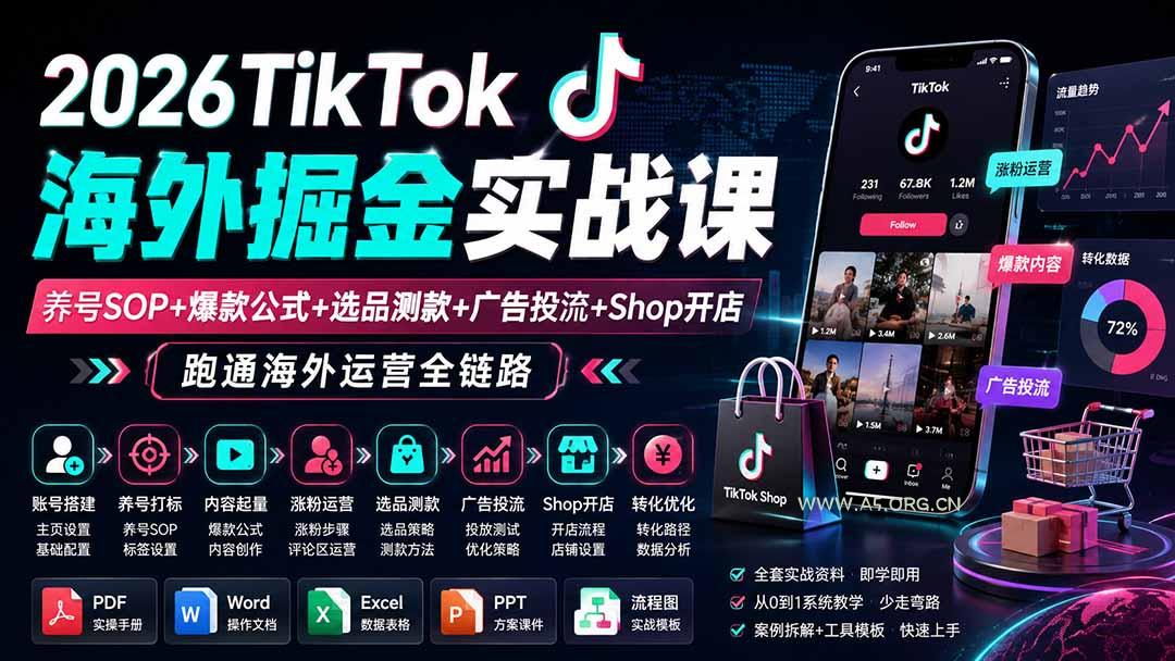 2026TikTok海外掘金实战课&mdash;&mdash;养号SOP+爆款公式+选品测款+广告投流+Shop开店，跑通海外运营全链路 - 小红泡