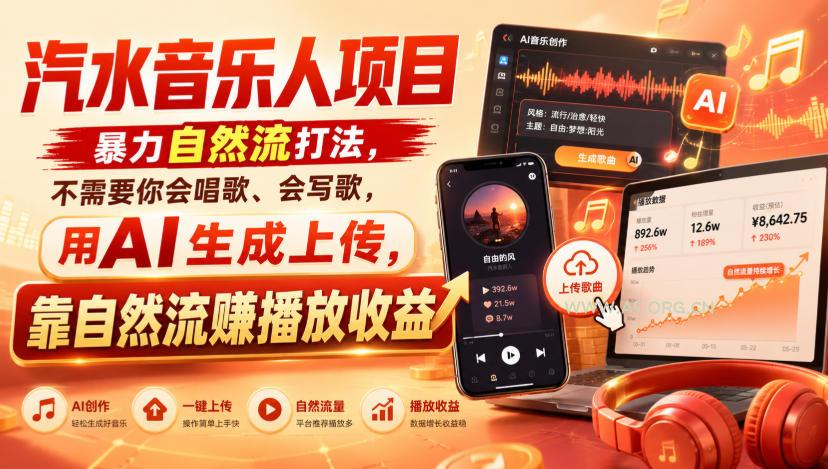 汽水音乐人项目,暴力自然流打法,不需要你会唱歌、会写歌,用AI生成上传,靠自然流賺播放收益 - 小红泡 汽水音乐人项目,暴力自然流打法,不需要你会唱歌、会写歌,用AI生成上传,靠自然流賺播放收益