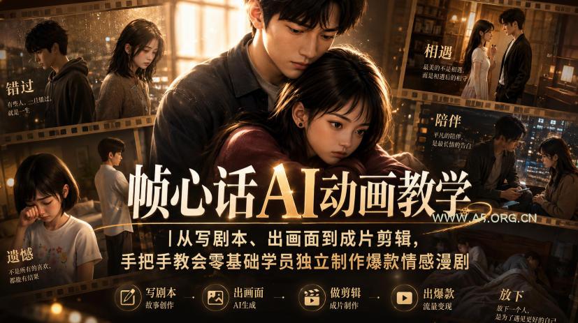 帧心话AI动画教学｜从写剧本、出画面到成片剪辑，手把手教会零基础学员独立制作爆款情感漫剧
