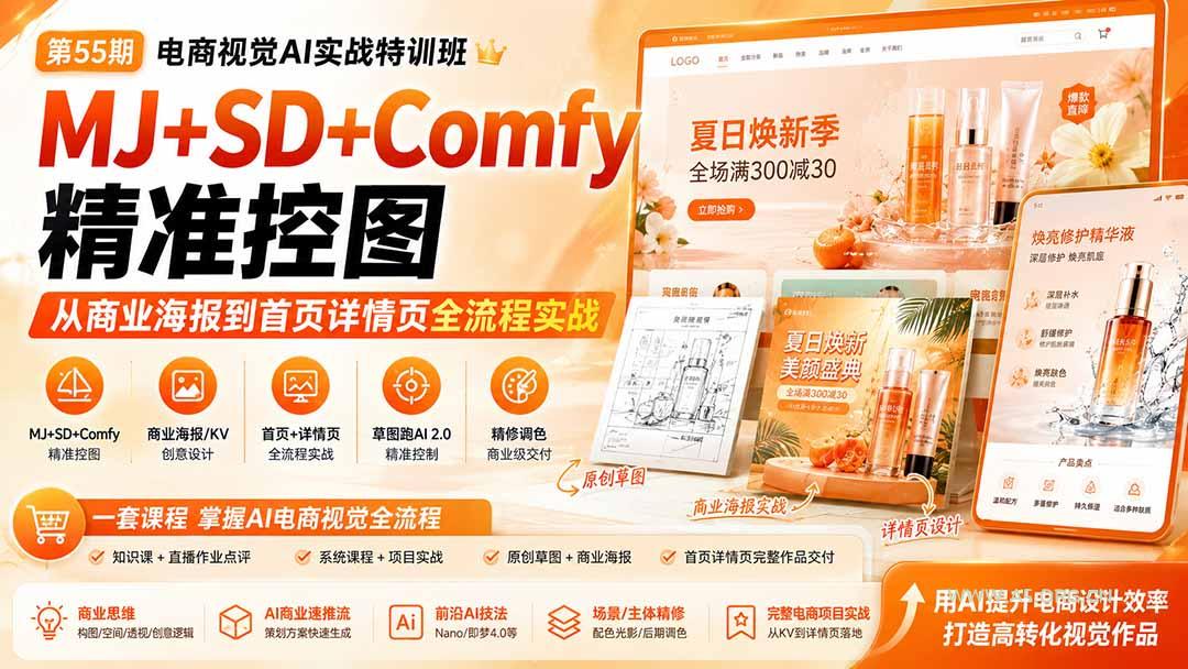 电商视觉 AI实战训练营第55期：MJ+SD+Comfy精准控图，从商业海报到首页详情页全流程实战 - 小红泡